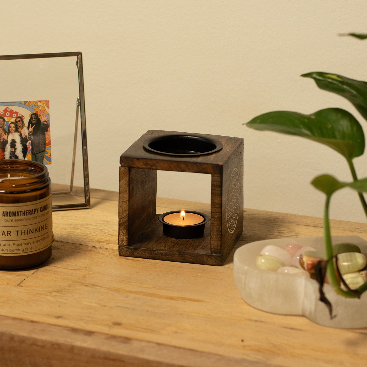 Square Mango Wood Oil Burner - Hamsa