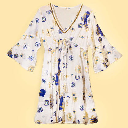 Nomad Sari Evil Eye Dress – White, Blue & Gold – Size M/L