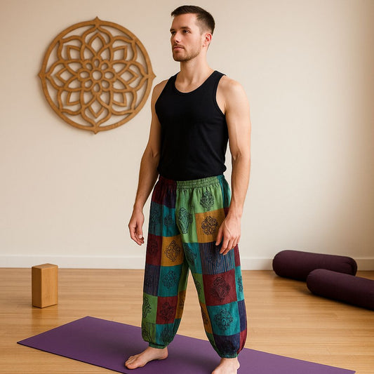 Nomad Sari - Mushroom Pants - Block Print Designs - Green Tones L/XL