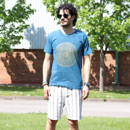 Nomad Sari Stonewashed Cotton T-Shirt – Mandala – Blue – Small