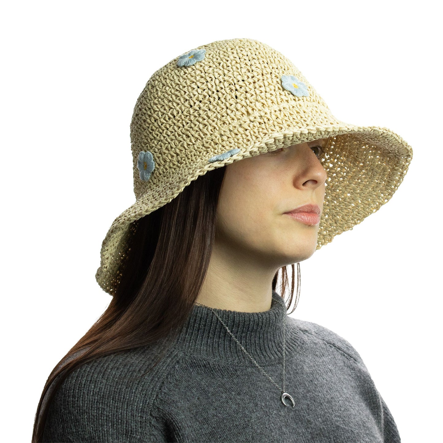 Nomad Sari Floppy Straw Sun Hat - Beige & Blue Flowers