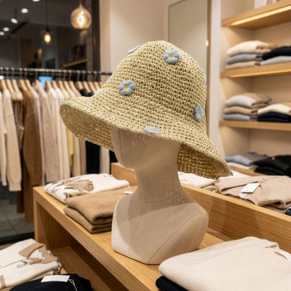 Nomad Sari Floppy Straw Sun Hat - Beige & Blue Flowers